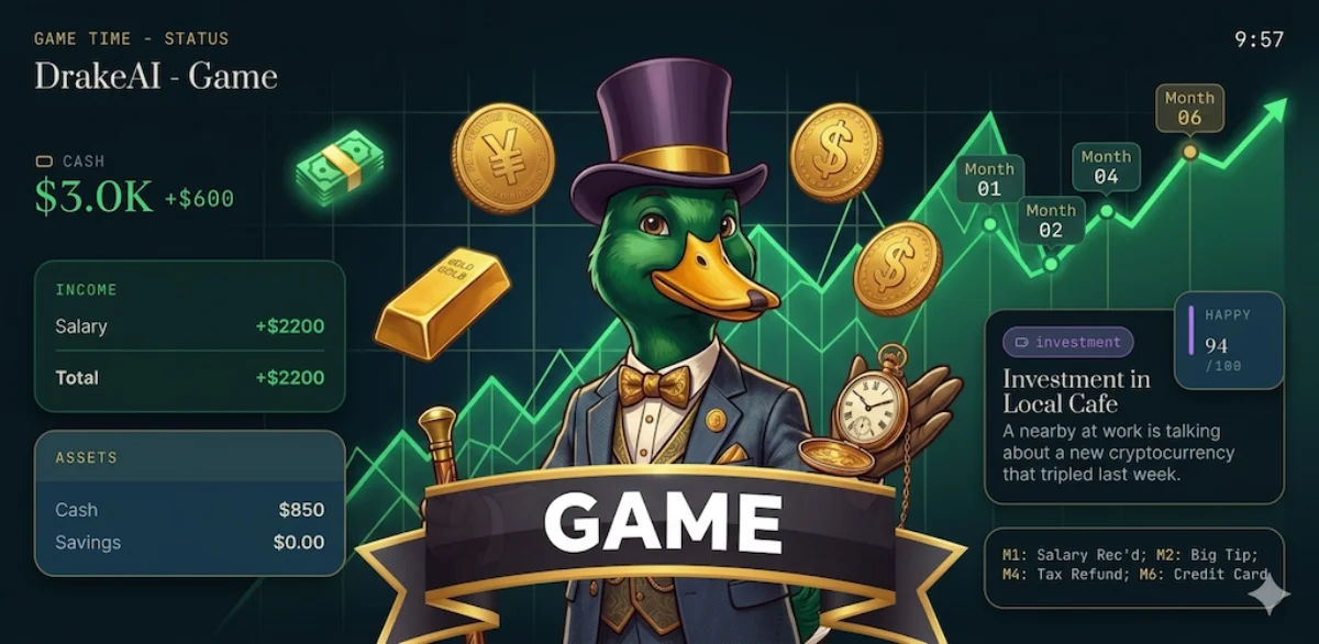DrakeAI Money Life - financial life simulator with Drake the duck mascot